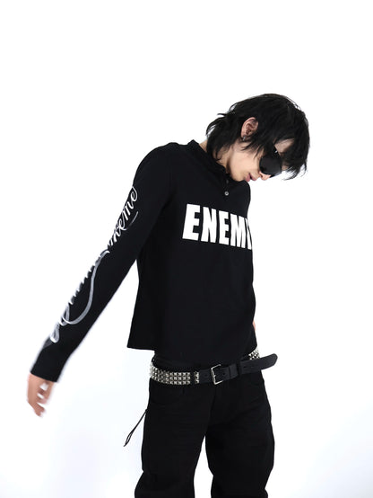 UCAN'TBELIKEME ENEMYロゴ ヘンリーネック長袖Tシャツ ブラック SELFISH