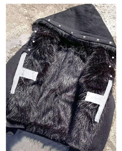 Cross Applique Studded Hood Reversible Faux Fur Jacket