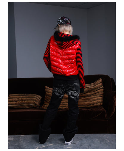 Star Embroidered Striped Fur Trim Hood Padded Jacket