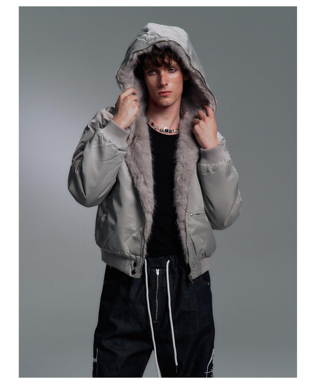 Fur Trim Hood Nylon Bomber Jacket