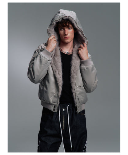 Fur Trim Hood Nylon Bomber Jacket