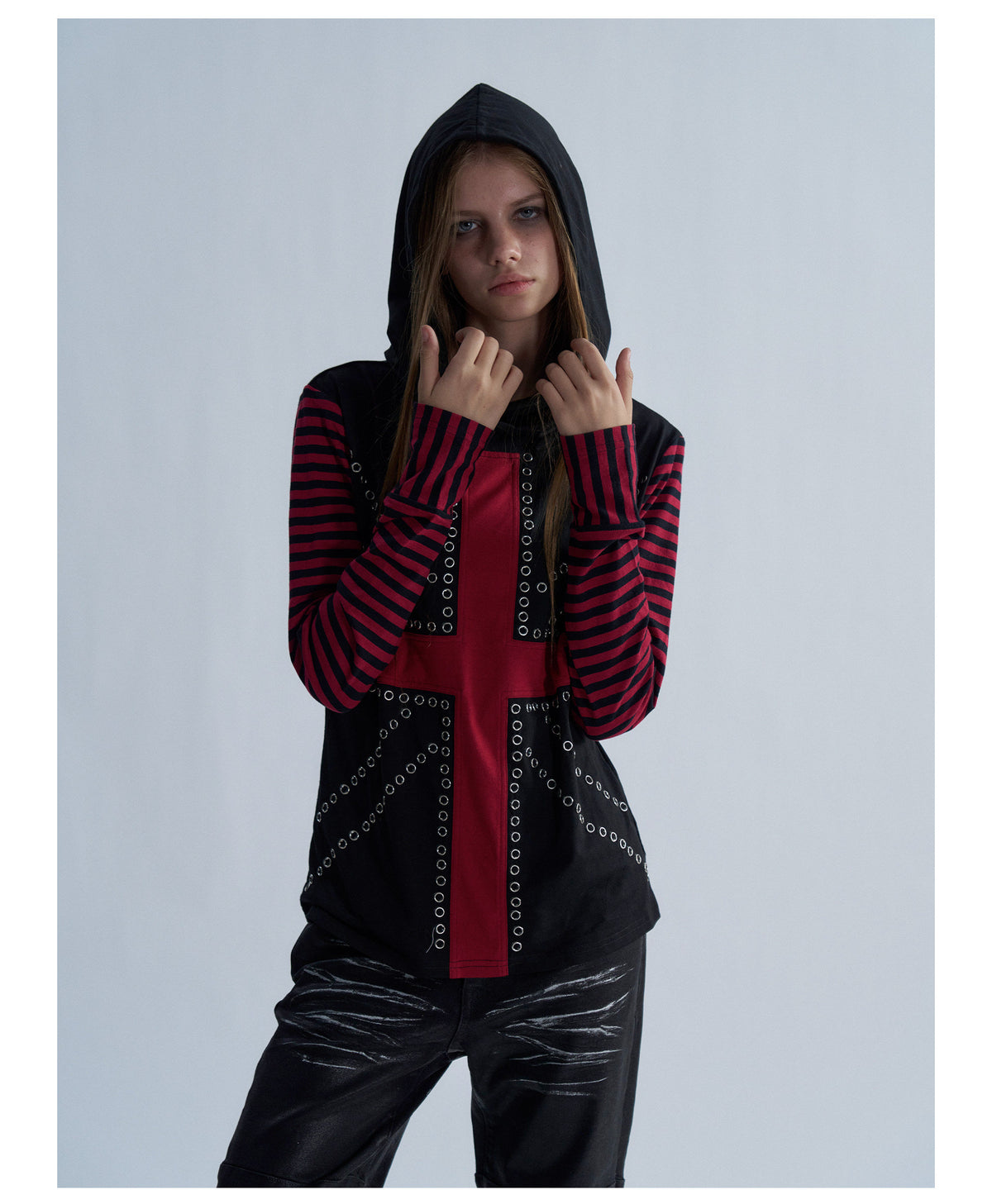 Rhinestone Cross Striped Sleeve Hooded Long Sleeve Top