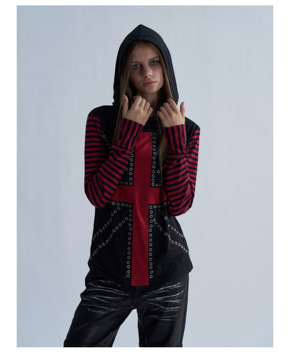 Rhinestone Cross Striped Sleeve Hooded Long Sleeve Top