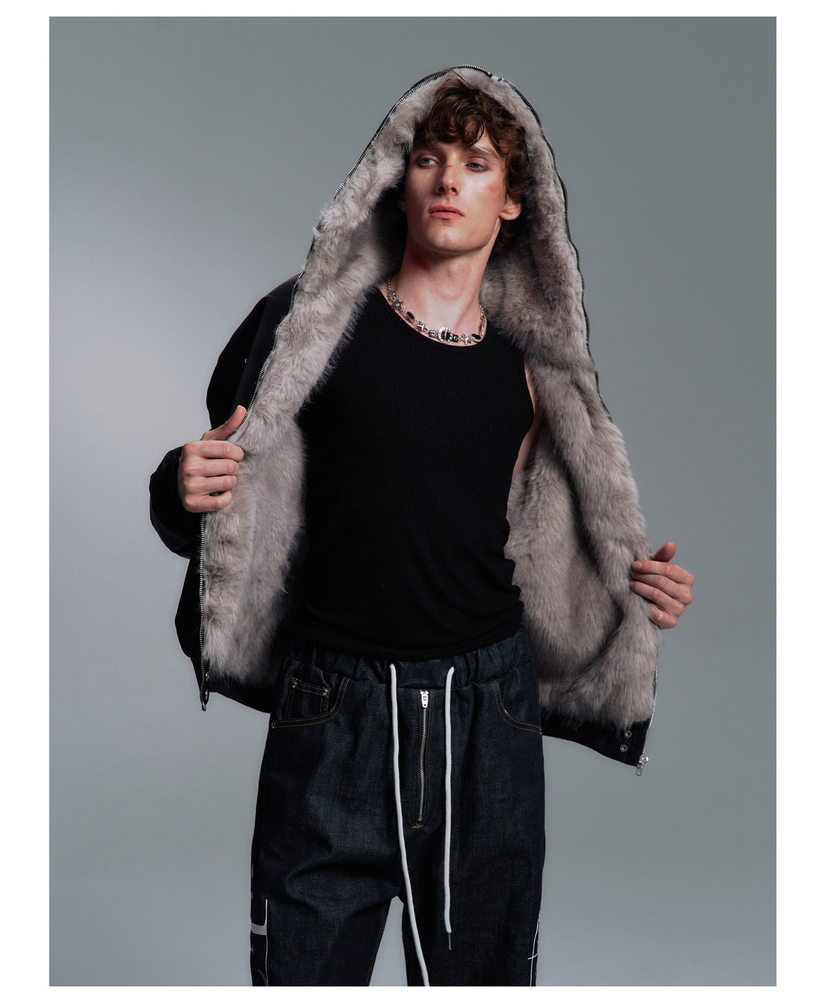 Fur Trim Hood Nylon Bomber Jacket