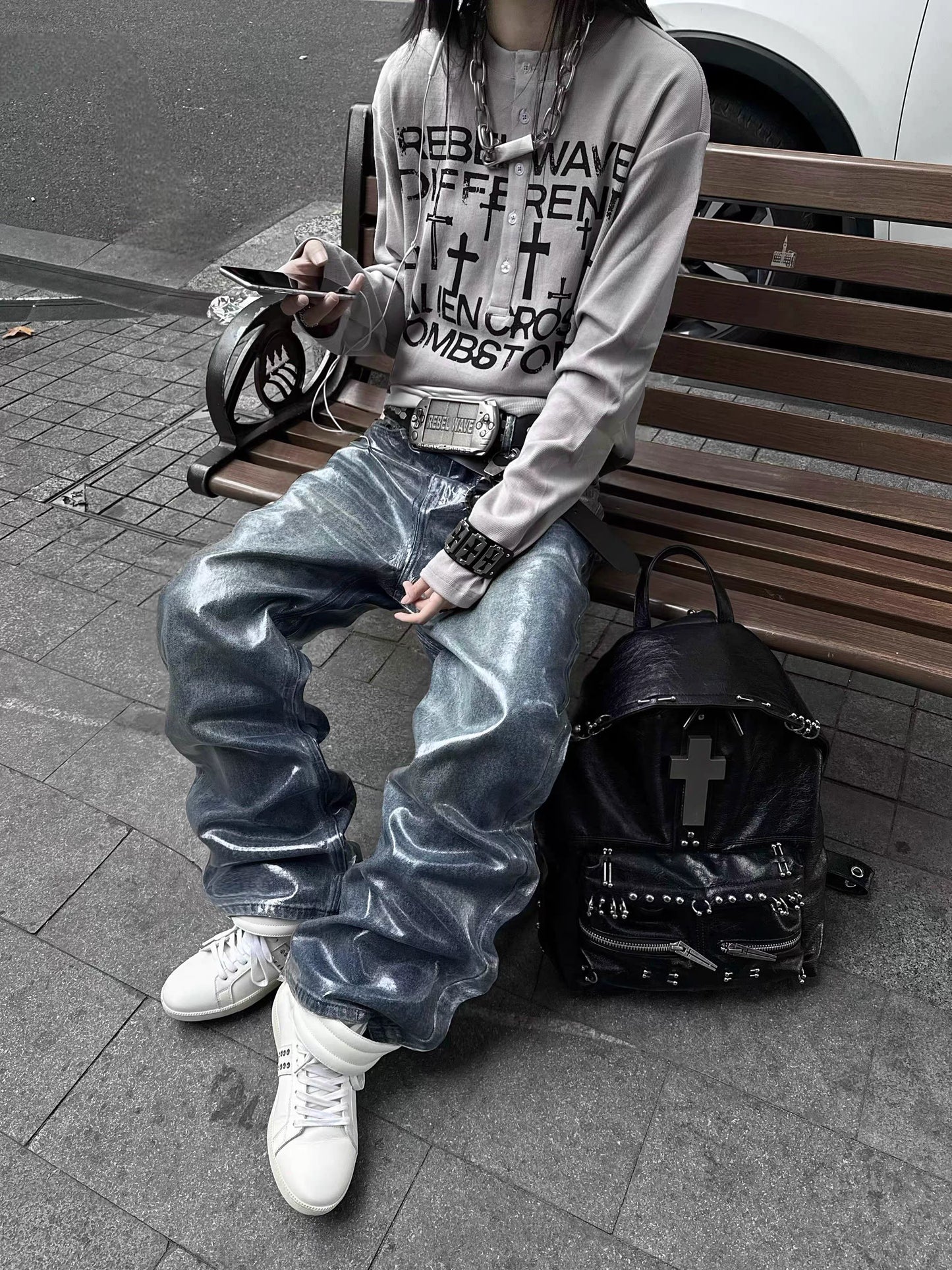 Glossy Washed Straight-Leg Jeans