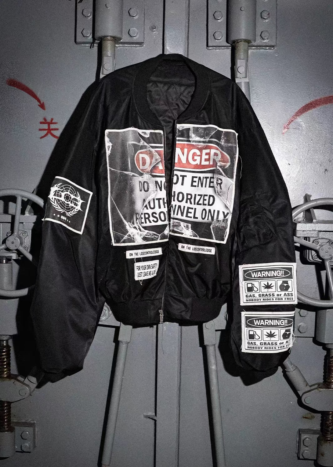 Warning Label Patch Oversized Padded Bomber Jacket