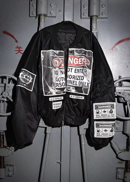 Warning Label Patch Oversized Padded Bomber Jacket
