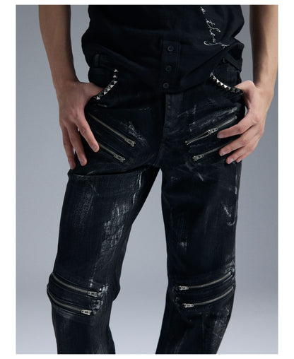 Multi Zip Eyelet Washed Black Flared Jeans