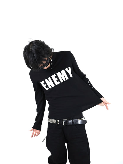UCAN'TBELIKEME ENEMYロゴ ヘンリーネック長袖Tシャツ ブラック SELFISH