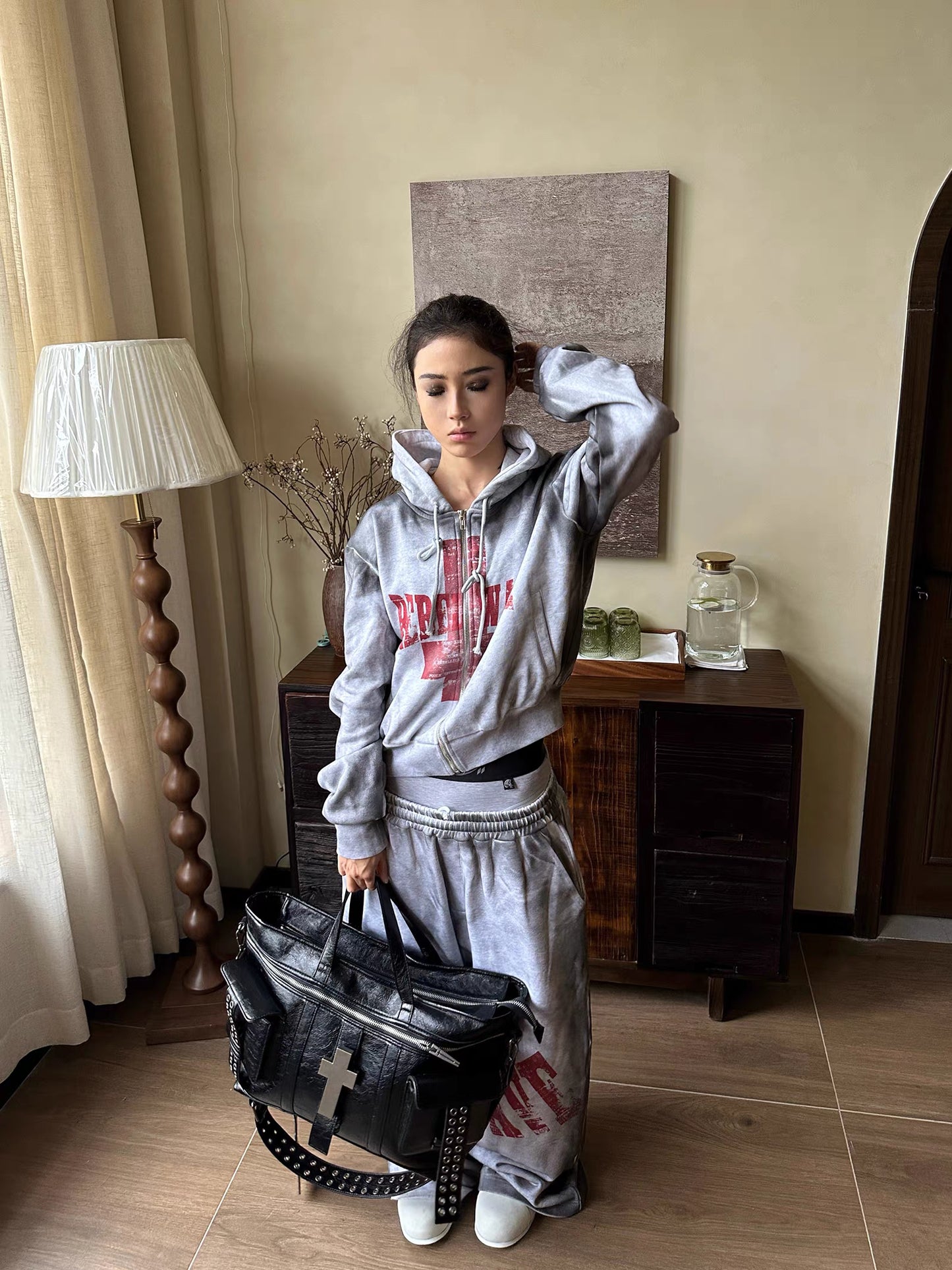 Washed Cross Embroidered Cropped Zip Hoodie