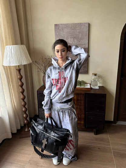 Washed Cross Embroidered Cropped Zip Hoodie