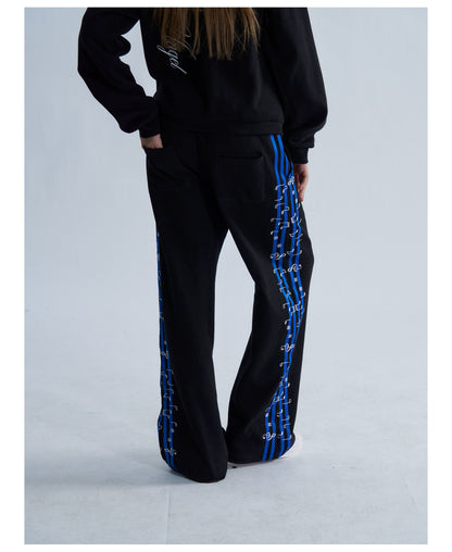 Blue Stripe Music Note Embroidered Zip Hoodie & Wide Pants