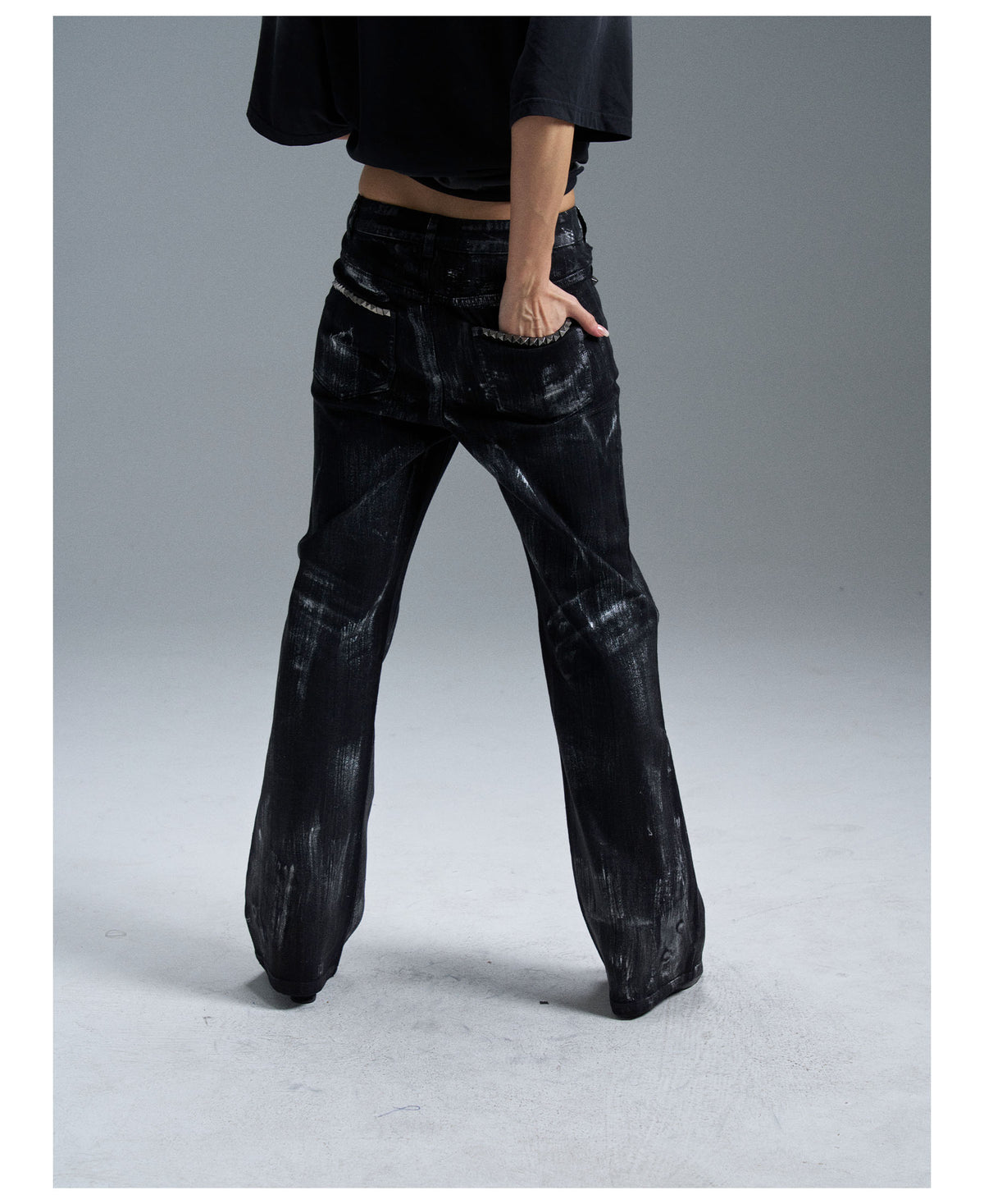 Multi Zip Eyelet Washed Black Flared Jeans
