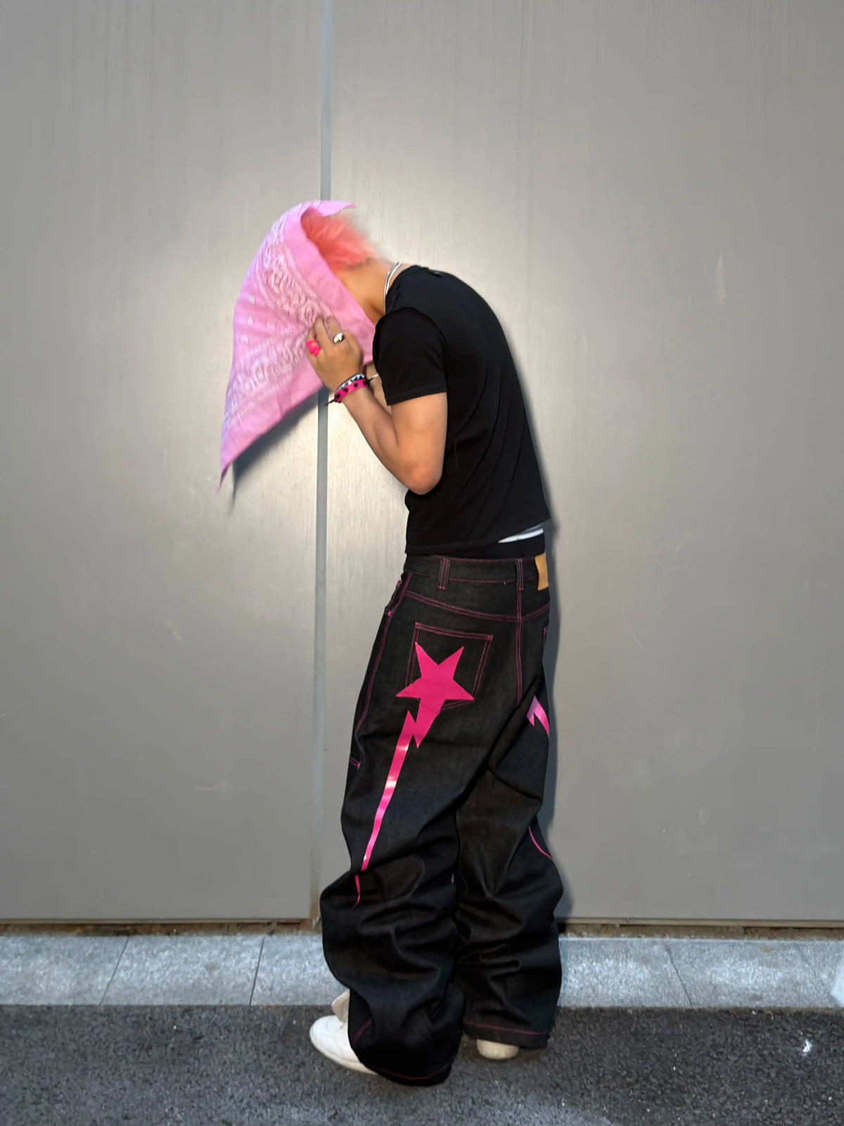 Pink Star Embroidered Wide-Leg Jeans