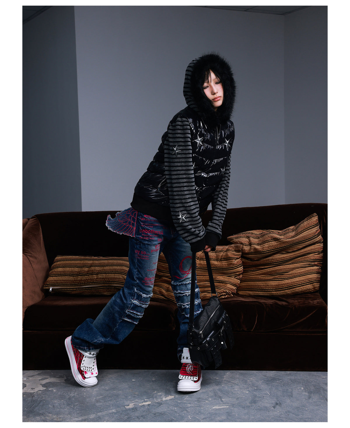 Star Embroidered Striped Fur Trim Hood Padded Jacket
