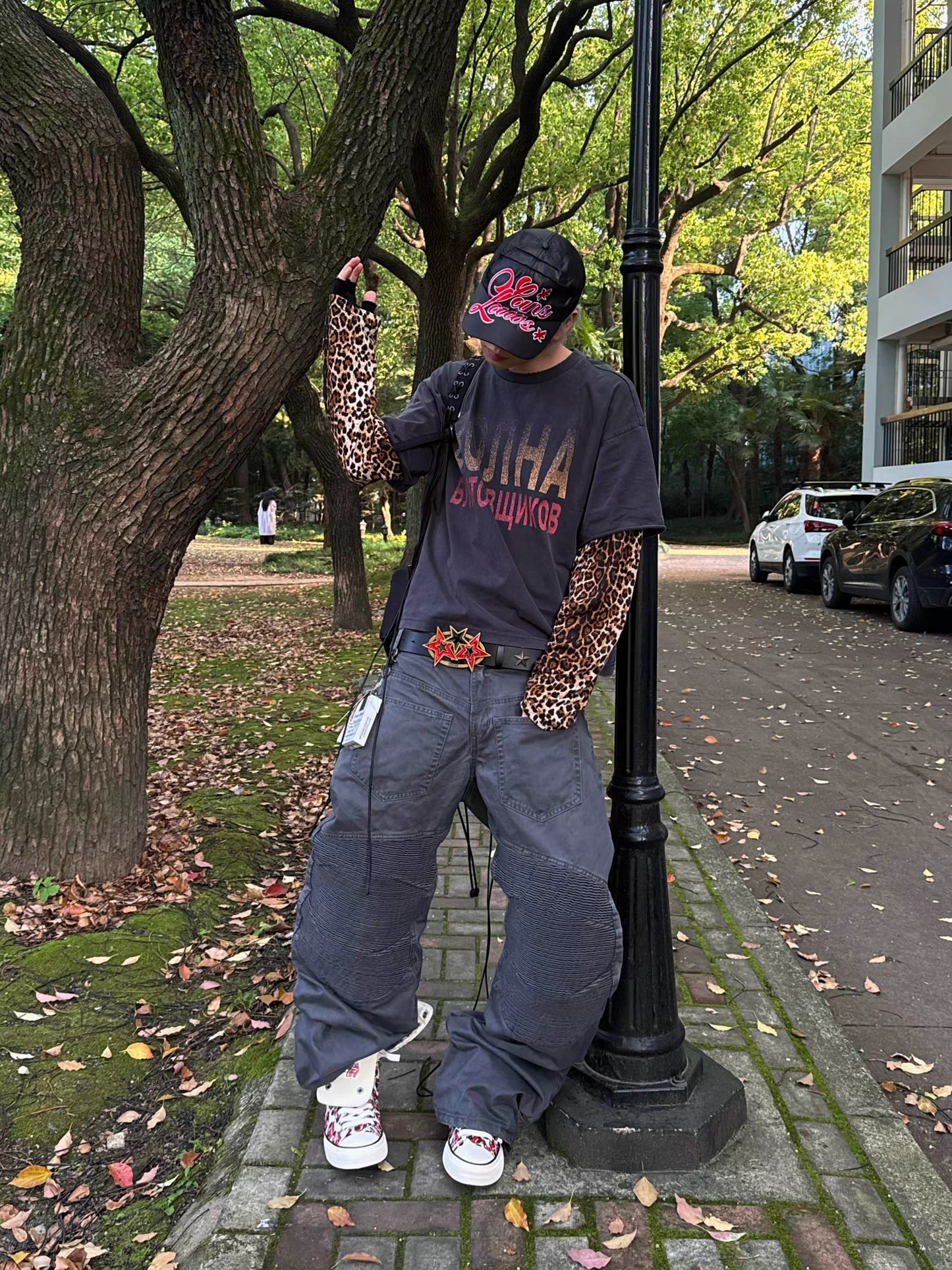Leopard Layered Sleeve Washed Graphic T-Shirt