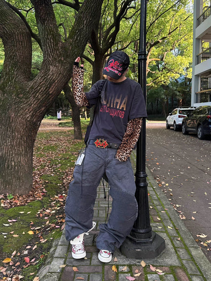 Leopard Layered Sleeve Washed Graphic T-Shirt