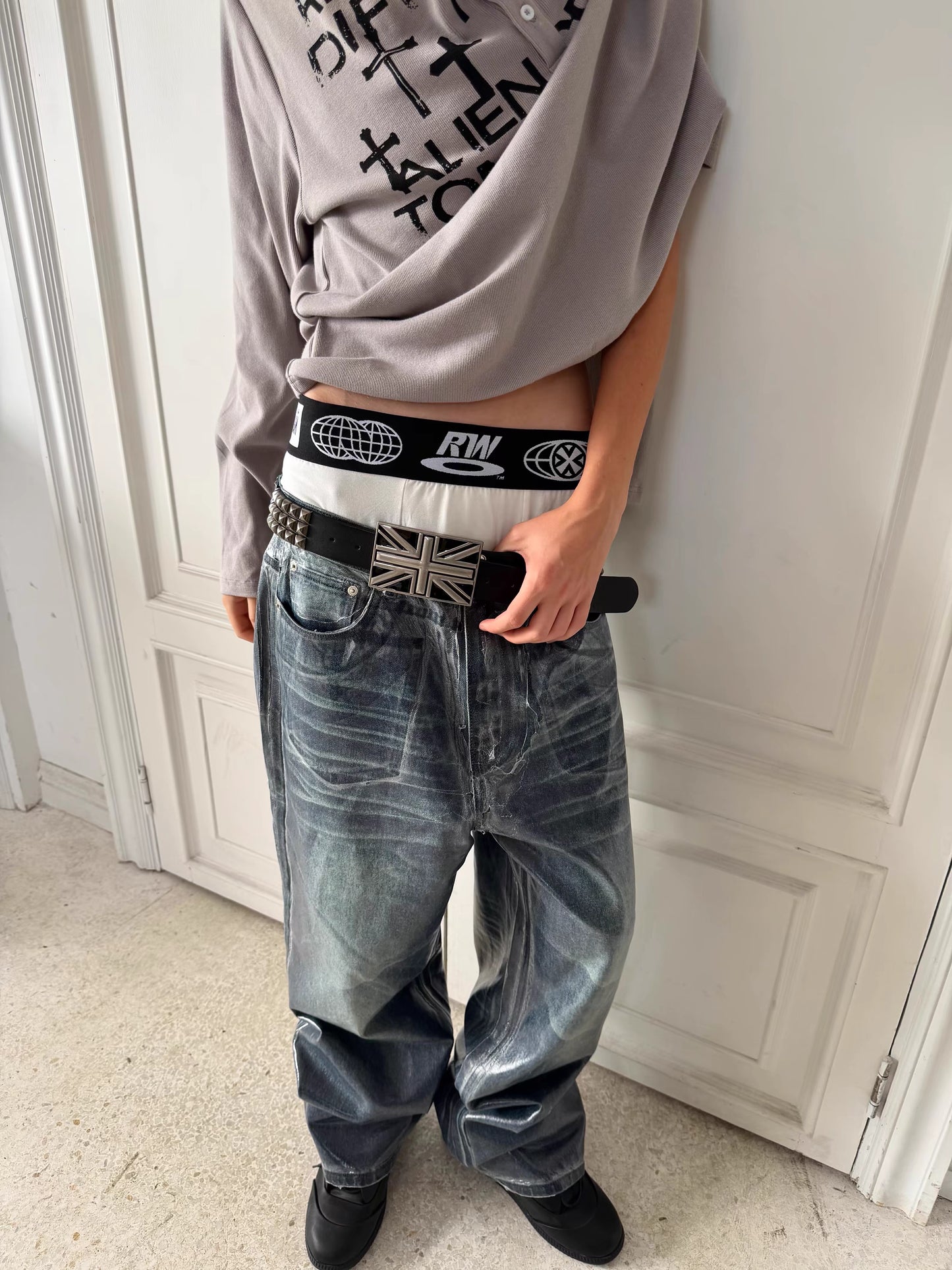 Glossy Washed Straight-Leg Jeans