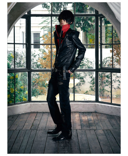Red Contrast Strap Detail Padded Faux Leather Jacket