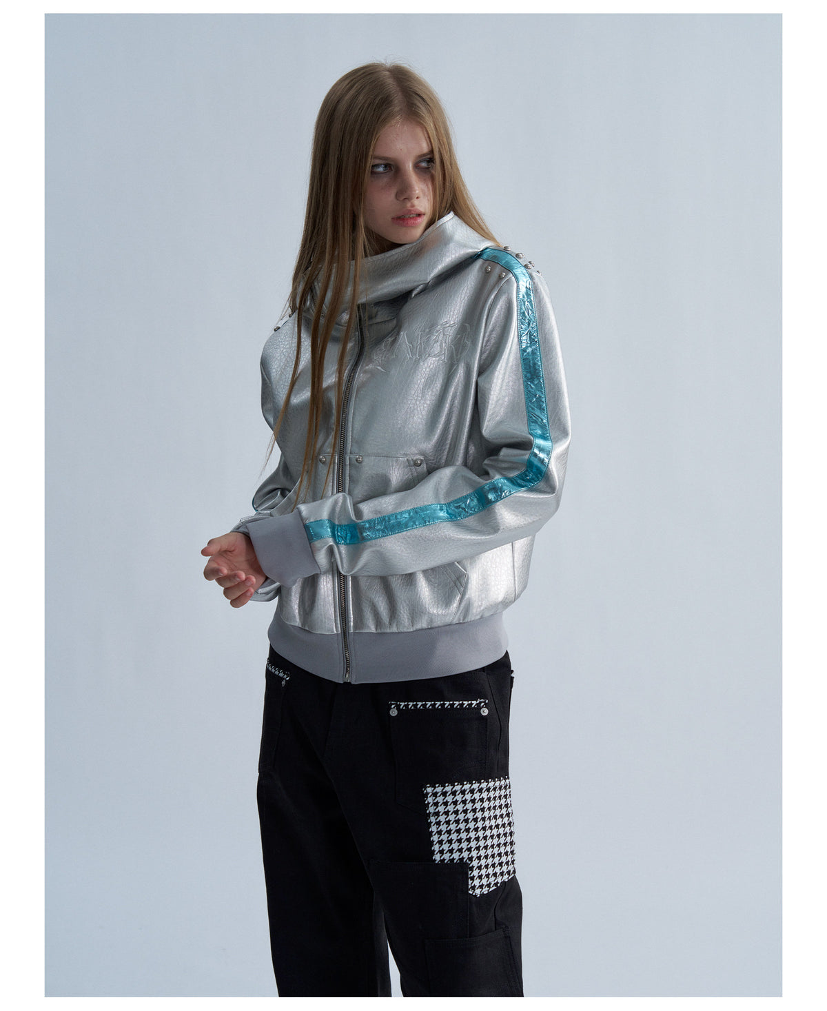 Embroidered Contrast Stripe Hooded Faux Leather Jacket
