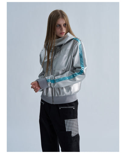 Embroidered Contrast Stripe Hooded Faux Leather Jacket