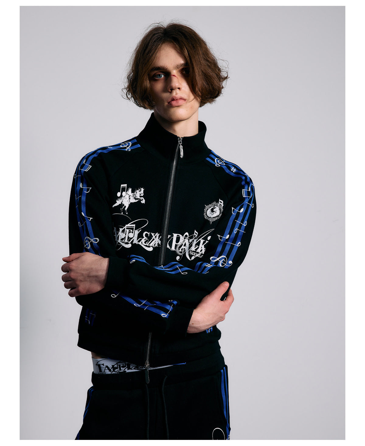 Blue Stripe Music Note Embroidered Zip Hoodie & Wide Pants