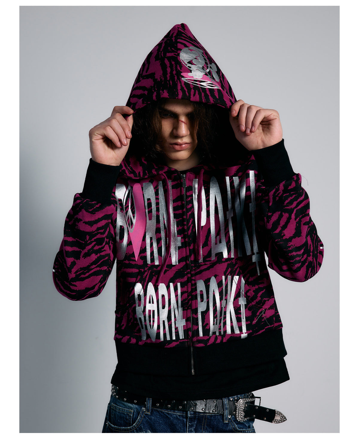 Pink Tiger Stripe Graphic Cropped Zip Hoodie