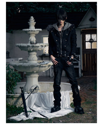 Striped Detachable Hood Double Breasted Fur Texture Jacket
