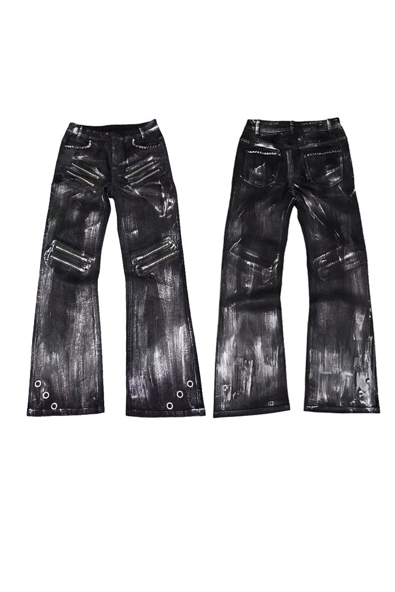Multi Zip Eyelet Washed Black Flared Jeans