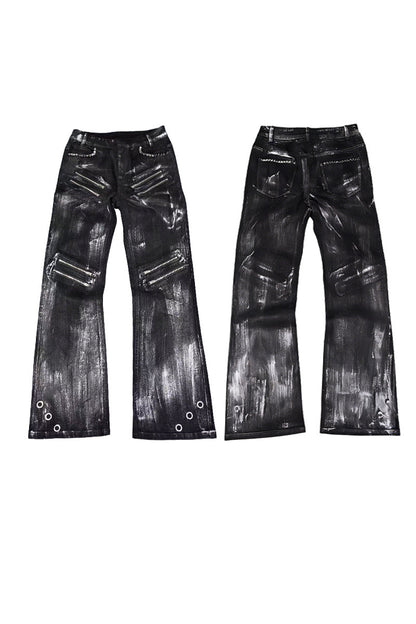 Multi Zip Eyelet Washed Black Flared Jeans