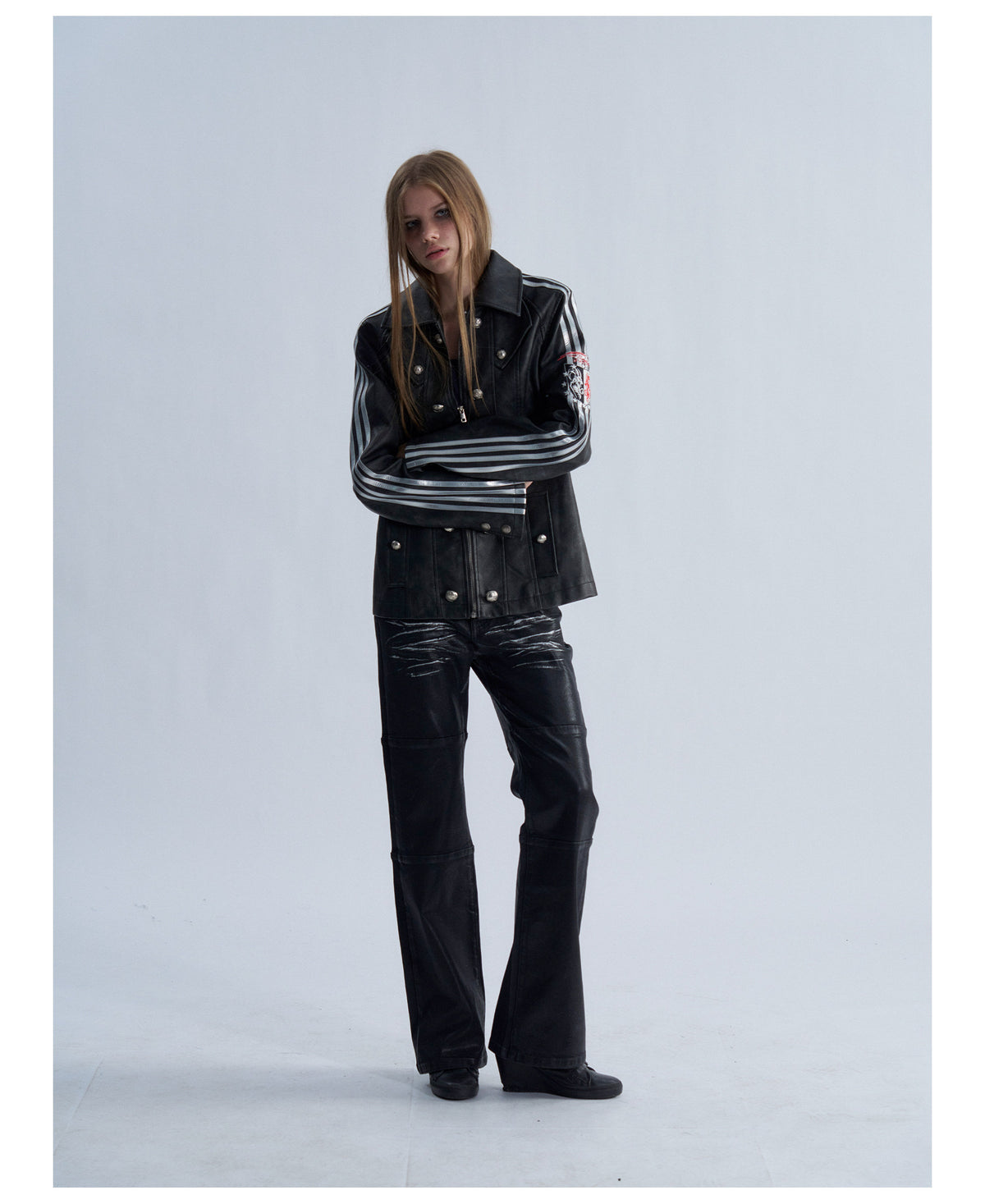 Embroidered Sleeve Stripe Snap Front Faux Leather Jacket