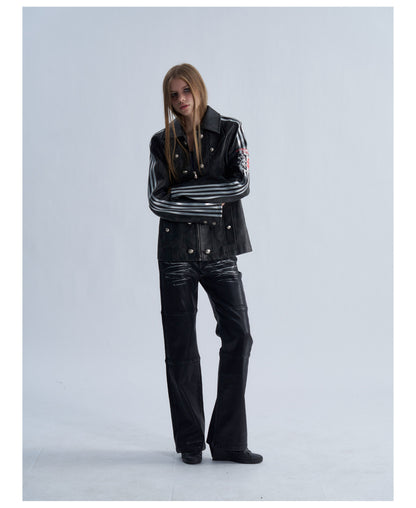 Embroidered Sleeve Stripe Snap Front Faux Leather Jacket