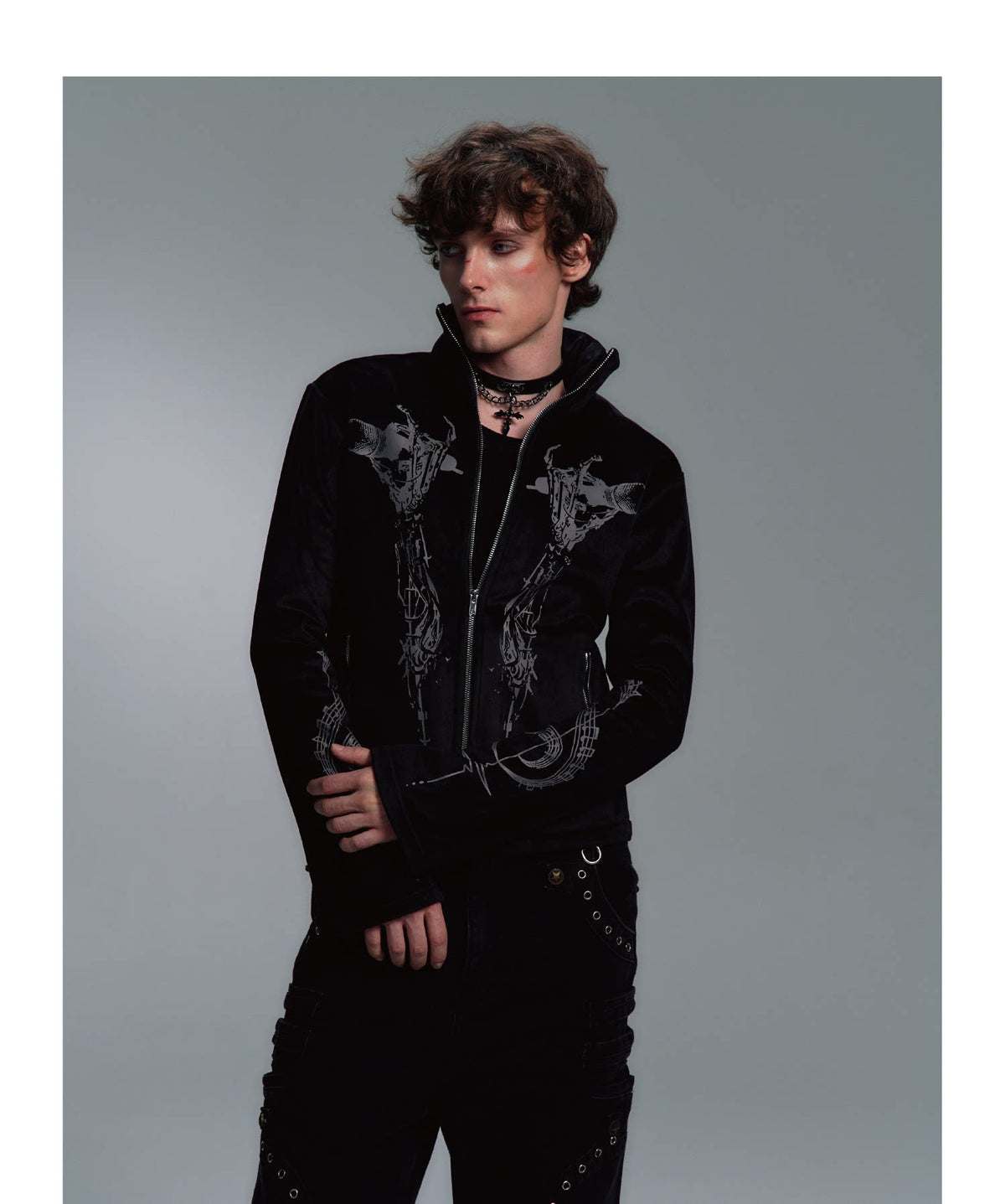 Tribal Graphic Stand Collar Flared Sleeve Velvet Zip Jacket