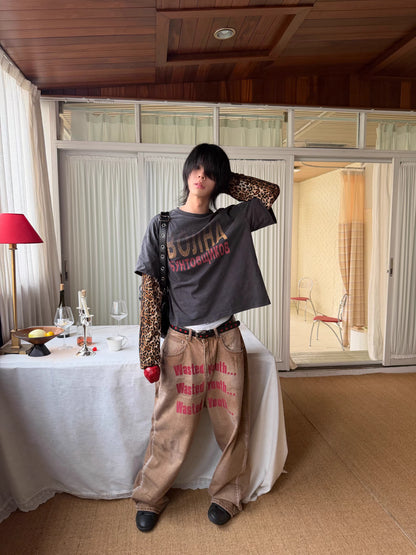Leopard Layered Sleeve Washed Graphic T-Shirt