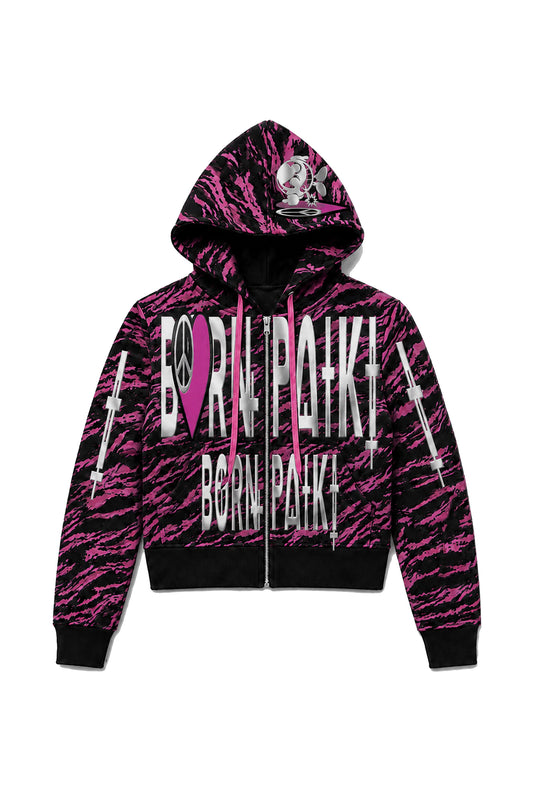 Pink Tiger Stripe Graphic Cropped Zip Hoodie