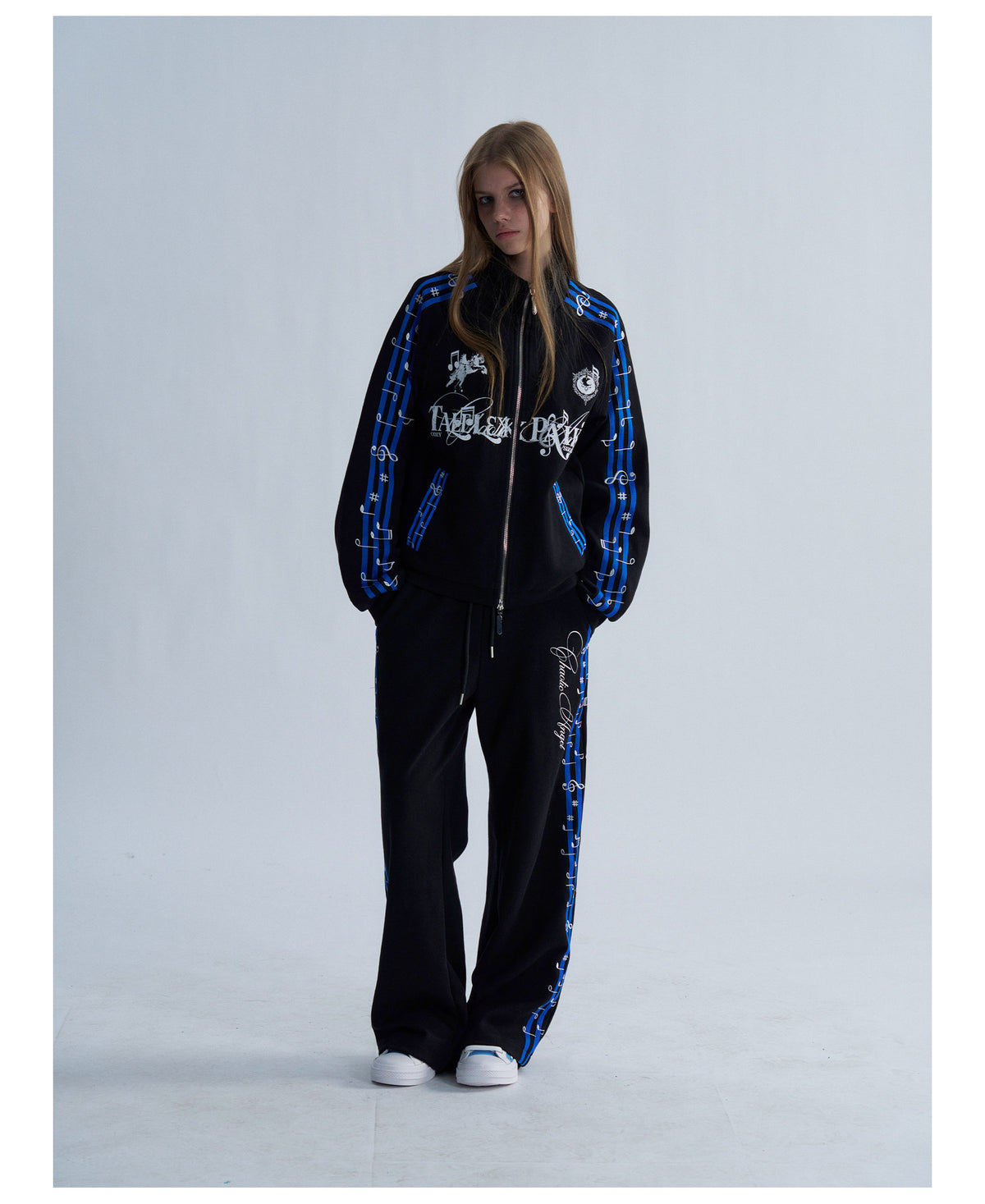 Blue Stripe Music Note Embroidered Zip Hoodie & Wide Pants