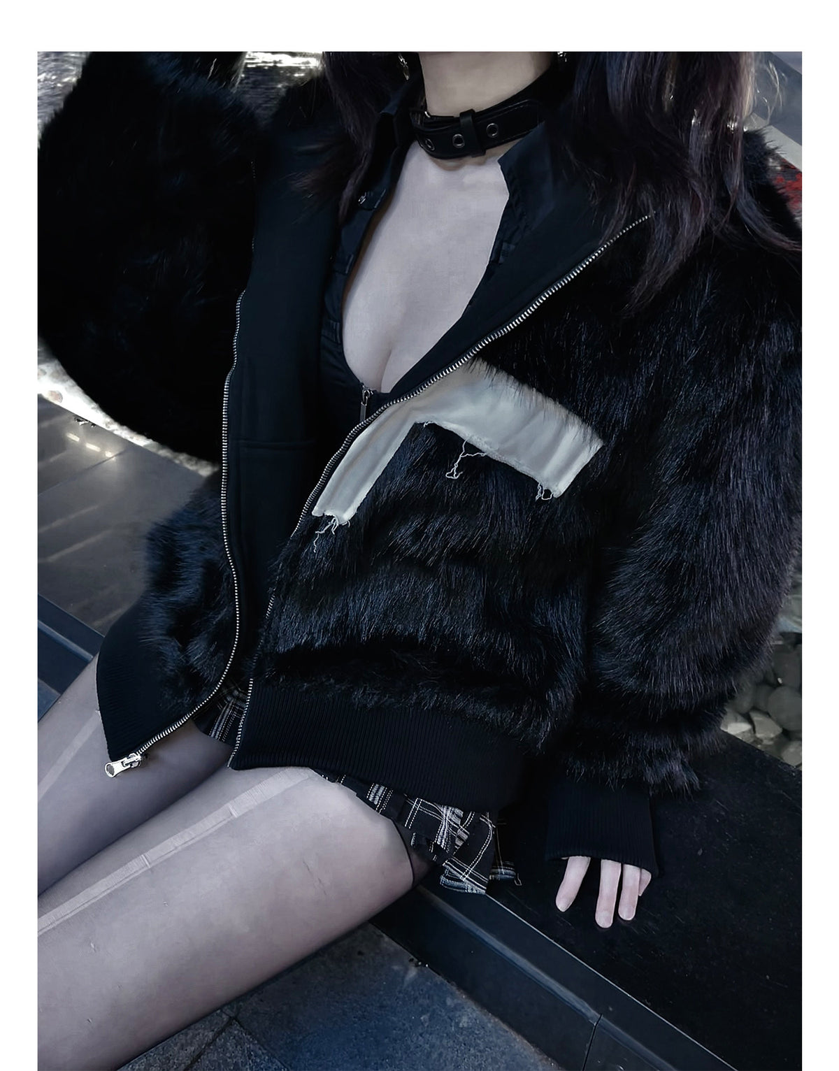 Cross Applique Studded Hood Reversible Faux Fur Jacket