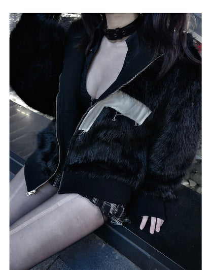 Cross Applique Studded Hood Reversible Faux Fur Jacket