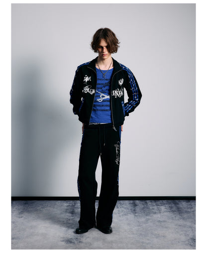Blue Stripe Music Note Embroidered Zip Hoodie & Wide Pants