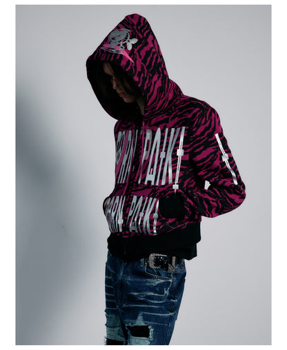 Pink Tiger Stripe Graphic Cropped Zip Hoodie