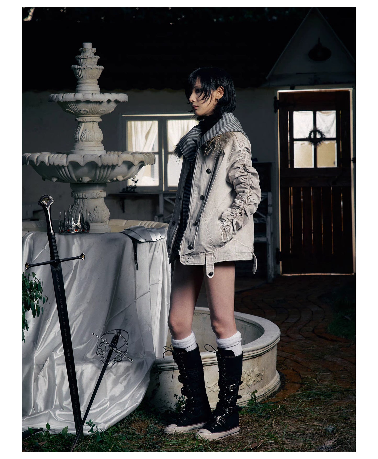 Striped Detachable Hood Double Breasted Fur Texture Jacket