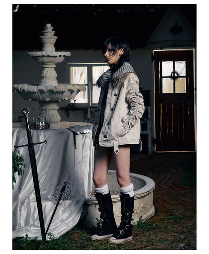Striped Detachable Hood Double Breasted Fur Texture Jacket
