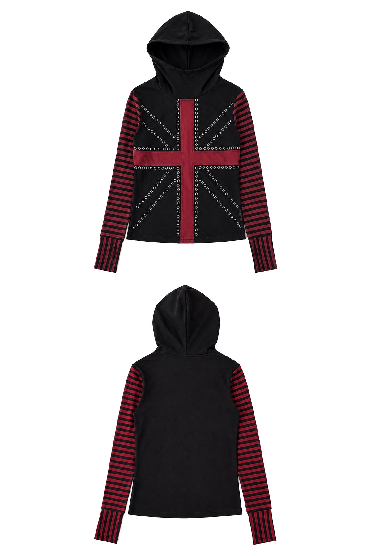 Rhinestone Cross Striped Sleeve Hooded Long Sleeve Top
