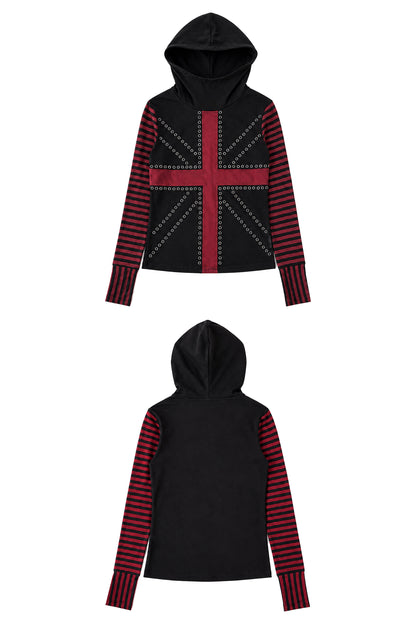 Rhinestone Cross Striped Sleeve Hooded Long Sleeve Top