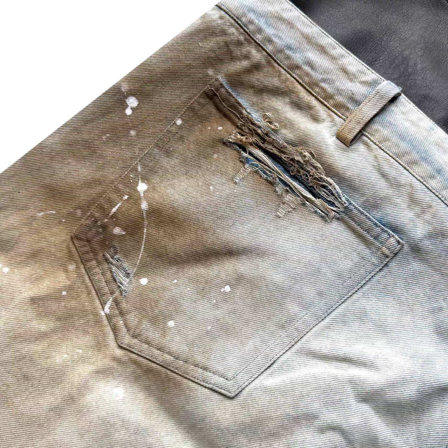 Double-Waist PU Panel Distressed Jeans