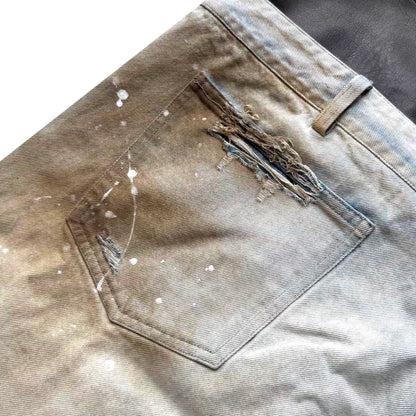 Double-Waist PU Panel Distressed Jeans