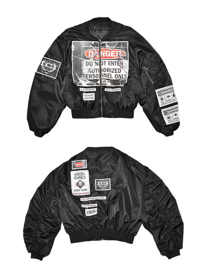 Warning Label Patch Oversized Padded Bomber Jacket
