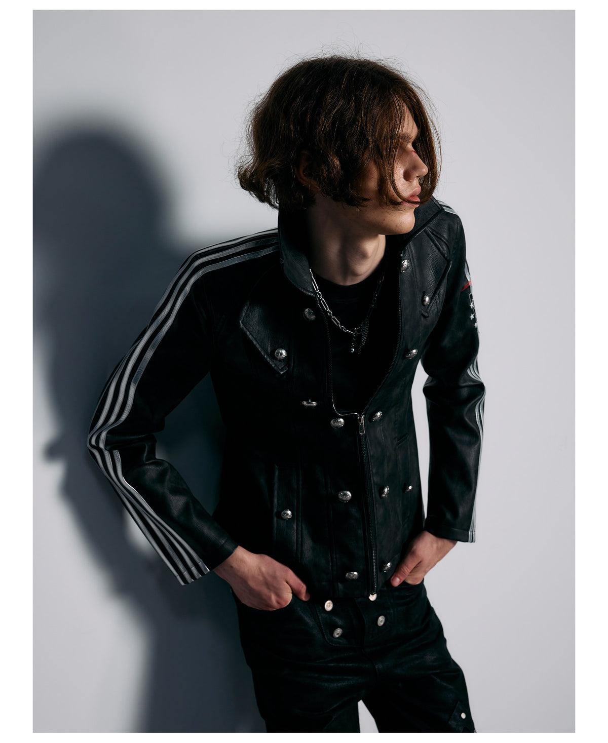 Embroidered Sleeve Stripe Snap Front Faux Leather Jacket