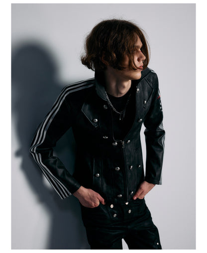 Embroidered Sleeve Stripe Snap Front Faux Leather Jacket