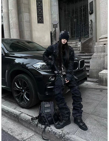 Wrinkled Washed Straight-Leg Jeans